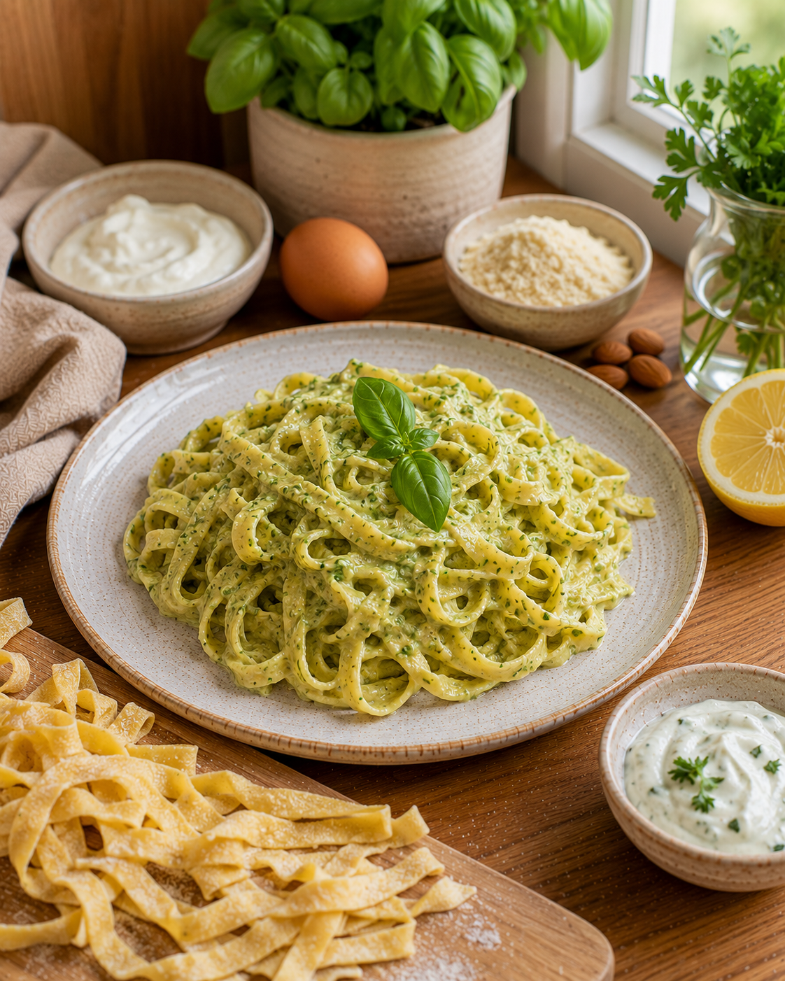 Tagliatelle VS22 de Huevo y Almendra con Salsa Verde de Yogur