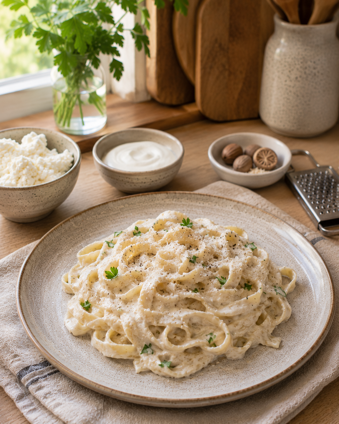 Fettuccine VS22 con Crema Blanca Liviana de Ricota y Nuez Moscada