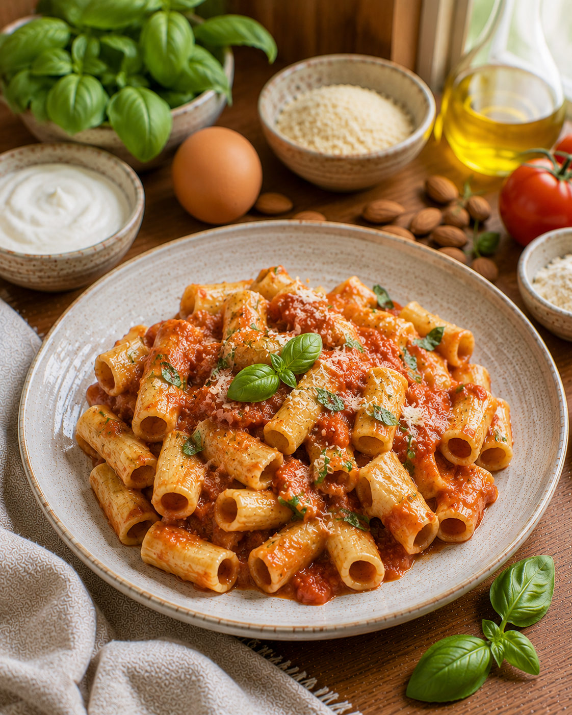 Rigatoni VS22 Simulados con Láminas Enrolladas y Salsa Pomodoro