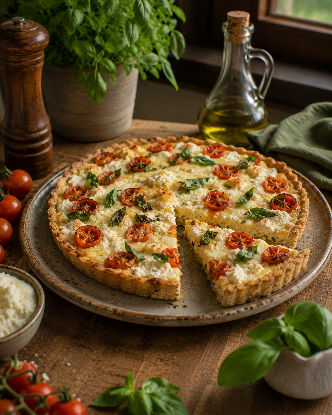 Tarta VS22 Abierta Tipo Pizza Blanca De Ricota, Tomate Y Albahaca